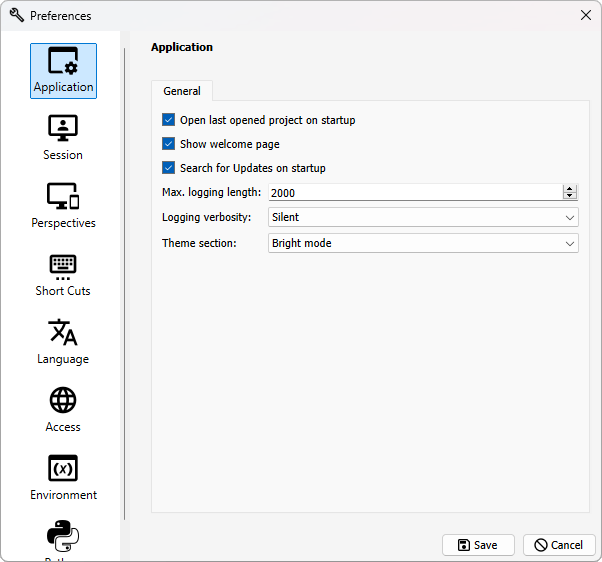 Application settings in preferences