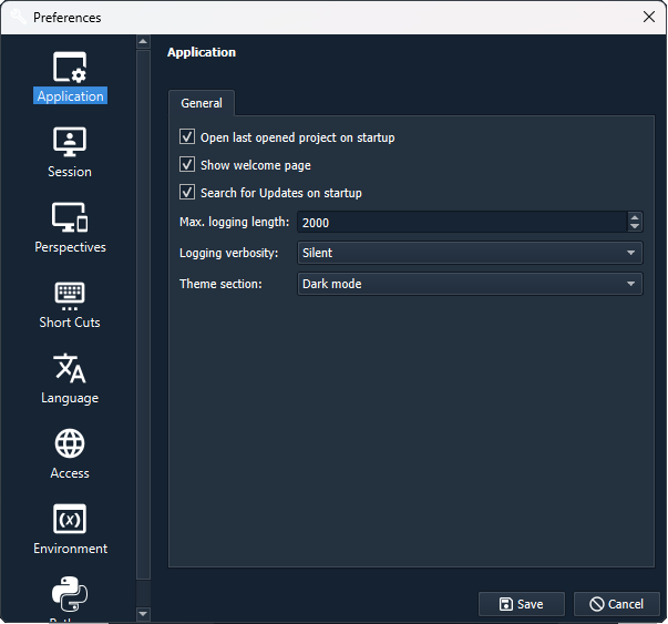Application settings in preferences