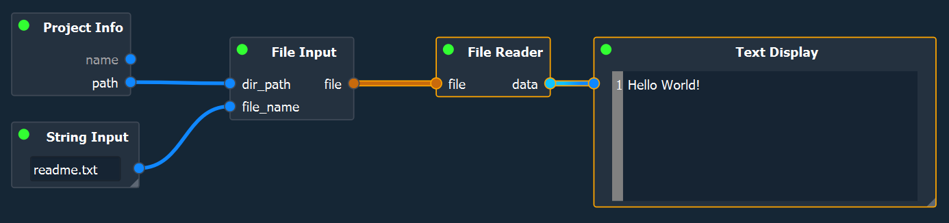 Adding a File Reader and Text Display node, finalizing the example